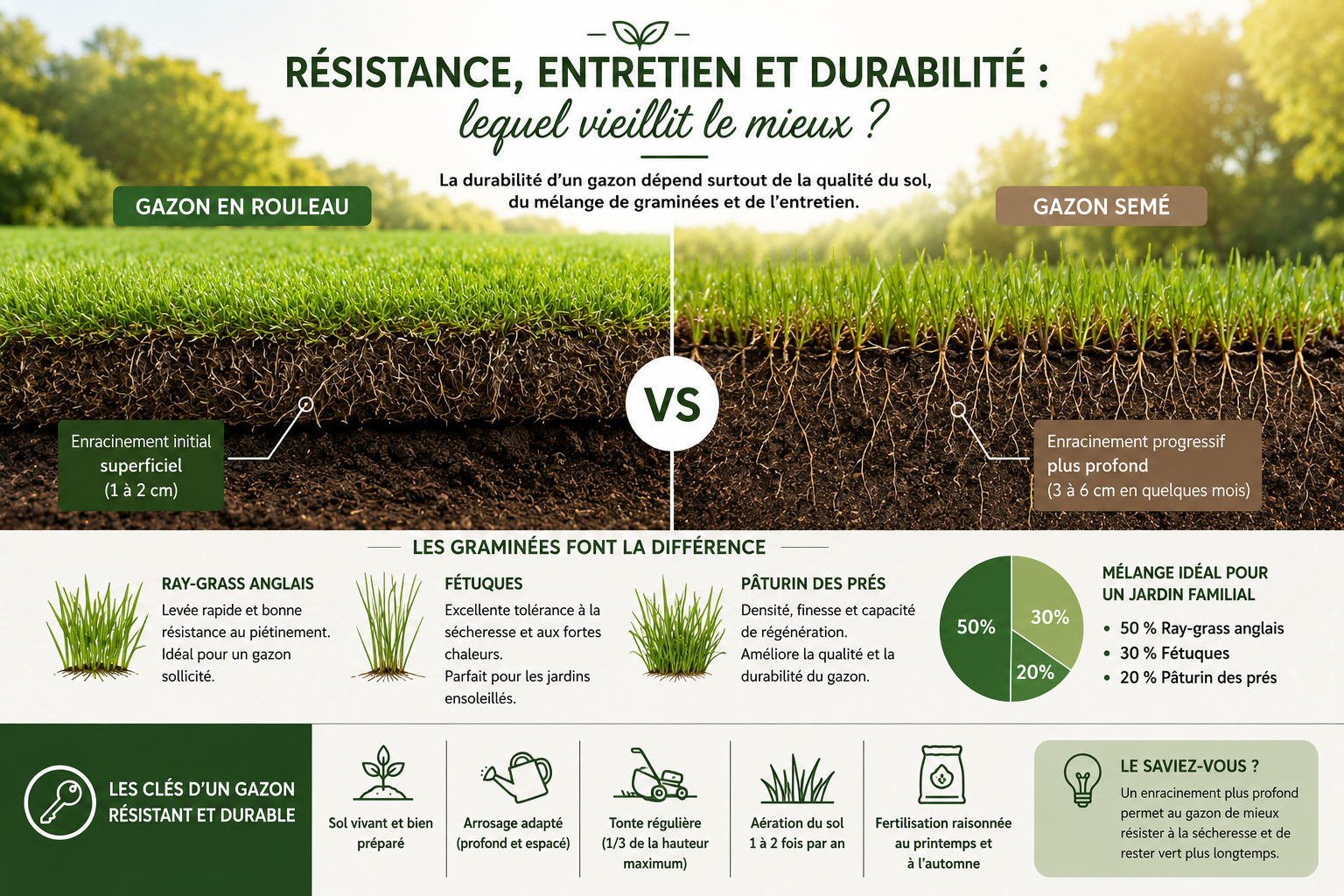 gazon Résistance, entretien et durabilité lequel vieillit le mieux
