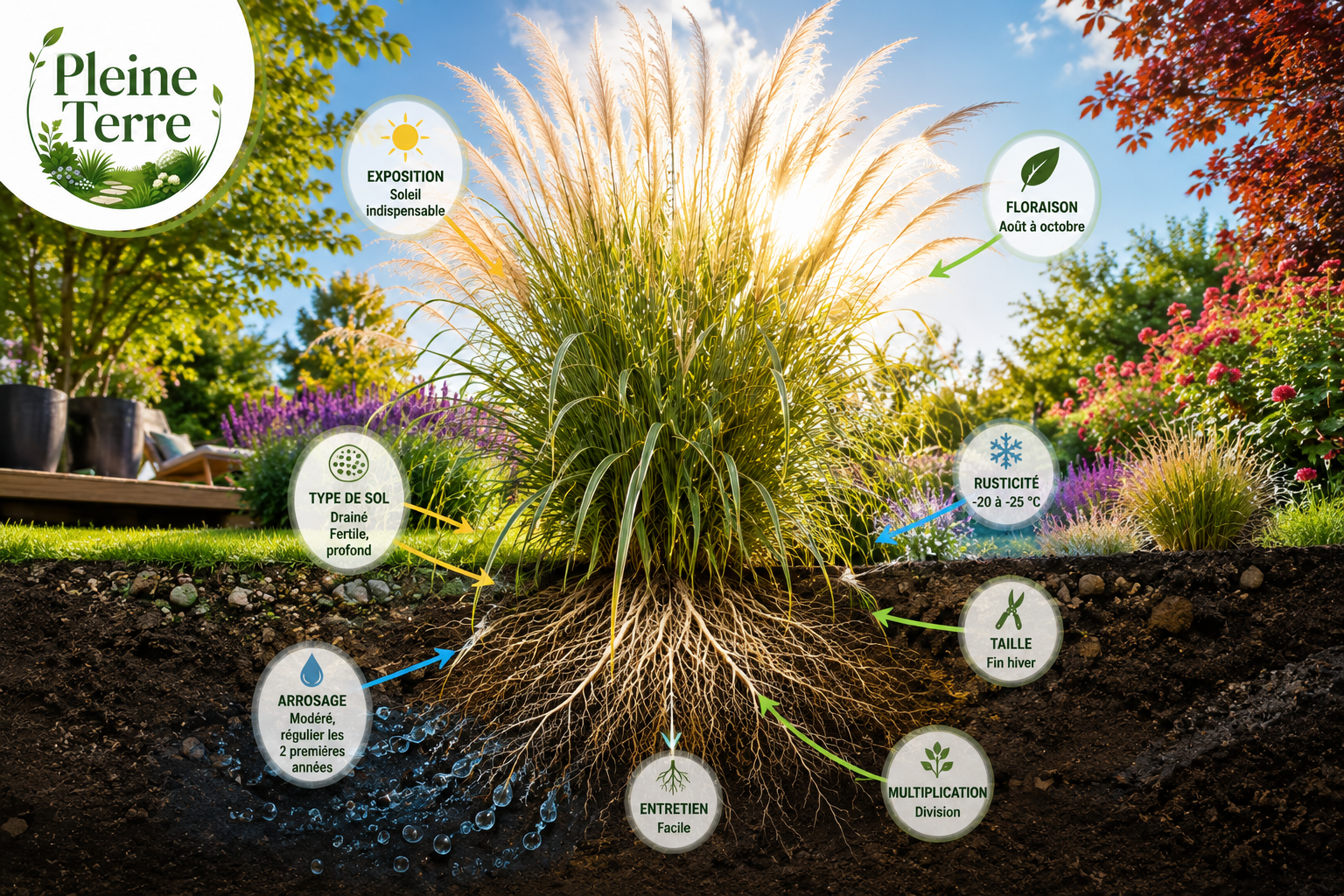 Jardin infographique du miscanthus et ses racines
